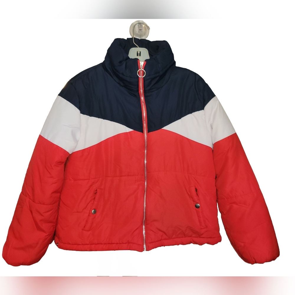 New Look Tricolor Block Puffer Jacket Size Med/ Red White Blue Retro Sporty